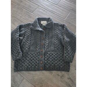 VTG Aran Sweater Market Grey Green Merino Wool Cable Knit Cardigan Ireland Small